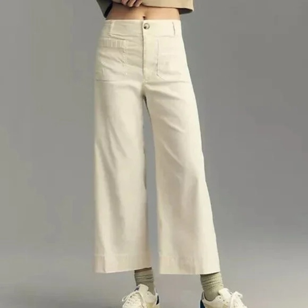 Anthropologie Maeve The Colette Cropped Wide-Leg Pants Copper Cream Sz 27 Linen